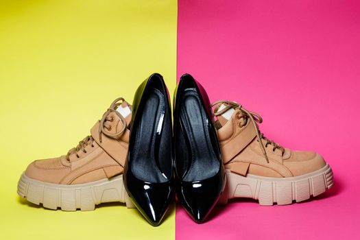 Fashionable women's shoes. Big brown leather shoes and black patent leather shoes.