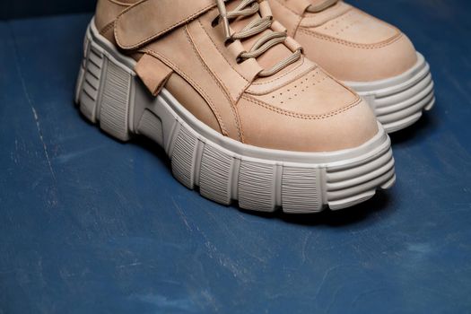 Brown women's leather shoes on a gray background. Fashion trend