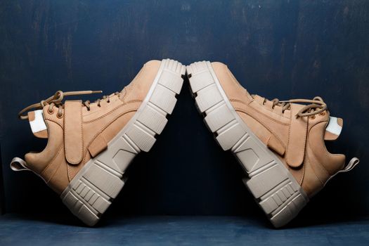 Brown women's leather shoes on a gray background. Fashion trend