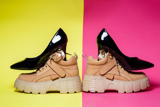 Fashionable women's shoes. Big brown leather shoes and black patent leather shoes.