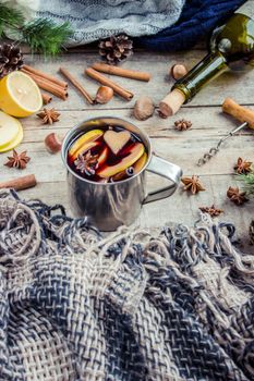 Mulled wine. With spices. Selective focus. Christmas drink.