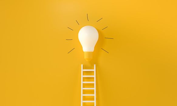 Lightbulb With A Ladder and handmade gloss lines on yellow background. Representing An Idea, Creativity and innovation concept with copy space text. 3d rendering.