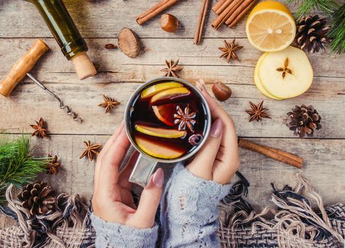Mulled wine. With spices. Selective focus. Christmas drink.