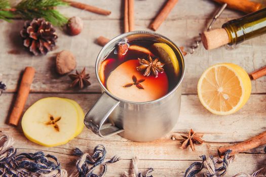 Mulled wine. With spices. Selective focus. Christmas drink.