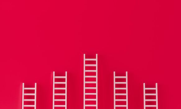 Ladder collection on red wall background. leadership, success concept with copy spaces for text. 3d rendering.