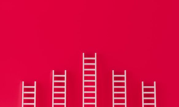 Ladder collection on red wall background. leadership, success concept with copy spaces for text. 3d rendering.