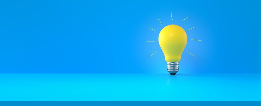 Light bulb with handmade gloss lines on blue background. Panoramic composition with copy space. Creativity and innovation concept. 3d rendering.