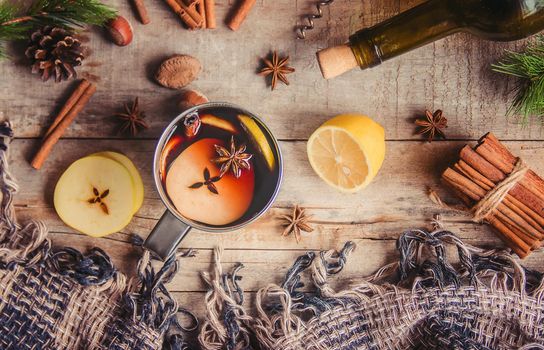 Mulled wine. With spices. Selective focus. Christmas drink.