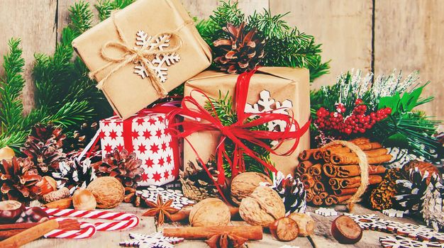 Christmas background. happy New Year. Selective focus Holiday