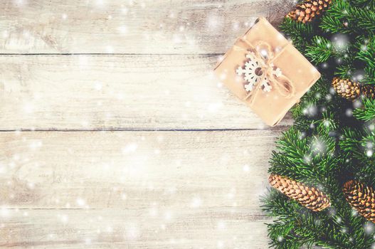 Wooden background with gifts. Selective focus. Decor.