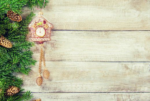 Wooden background with gifts. Selective focus. Decor.