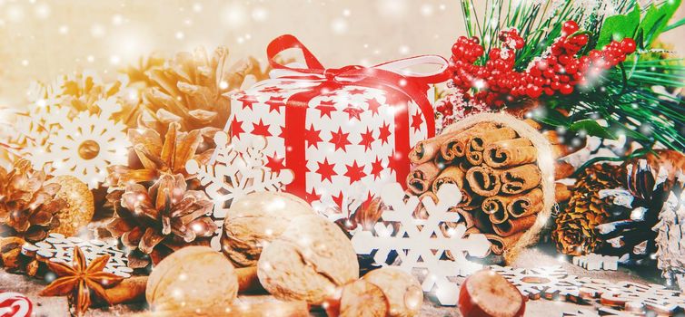 Wooden background with gifts. Selective focus. Decor.