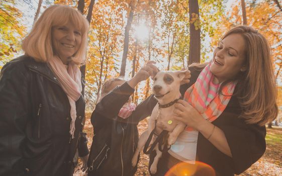 Grandmother and mother with granddaughter having fun with dog in autumn season. Generation, leisure and family concept.
