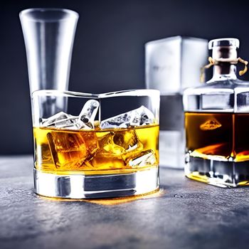 Fresh whiskey on clear glass and bottle also diced ice alcohol drawing. picture & image beverage in a bar illustration for background