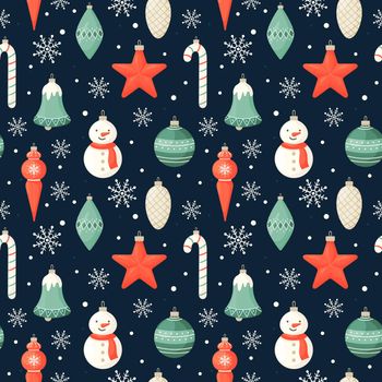 Seamless pattern with Christmas and New Year decorations on a dark blue background. Vector illustration.