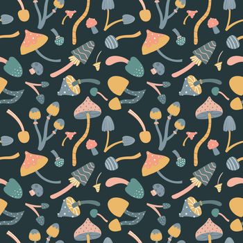 Vector autumn seamless pattern with cute mushrooms. A repeating texture with natural elements for the fall season. Scandinavian style. Print for fabric and wrapping paper.