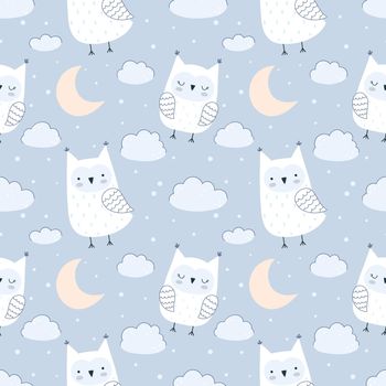 Seamless vector pattern with cute owls, clouds, stars and moon. Pastel palette, blue background. Vector seamless background for baby textiles, fabrics, wallpapers.