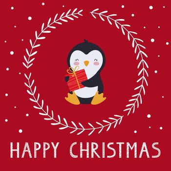 Merry Christmas. Template for a holiday card or banner with a funny penguin, decorative wreath and lettering. Vector illustration on a red background.