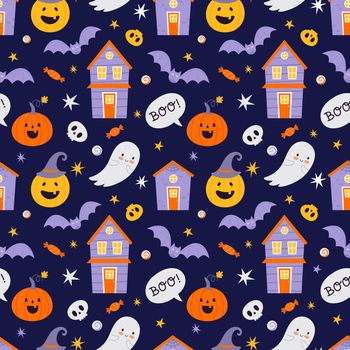 Vector Halloween texture in a flat style on a dark blue background.