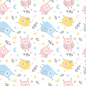 Childish seamless pattern with cute owls, stars, moon and decorative leaves. Vector design for baby fabric, textile, packaging. White background. Simple cartoon style.