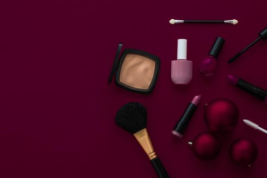 Cosmetic branding, fashion blog cover and girly glamour concept - Make-up and cosmetics product set for beauty brand Christmas sale promotion, luxury burgundy flatlay background as holiday design