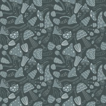 Autumn seamless background with mushrooms on a dark gray background. Scandinavian style. Ideal for fabric, wrapping paper, seasonal decorations. Vector illustration