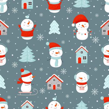 Holiday winter seamless pattern with funny snowmen, houses and Christmas trees. Vector illustration