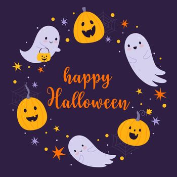 Happy Halloween. Vector template for postcard or banner with hand-drawn ghosts and pumpkins. Round composition on a dark blue background.