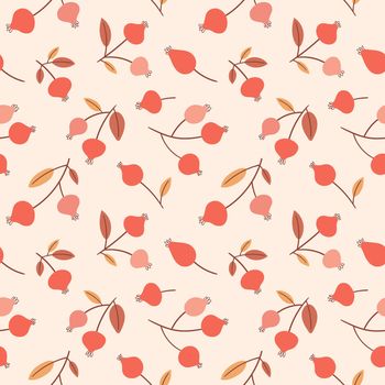 Autumn seamless pattern with stylized rose hips. Cute design for fabric, textile and autumn decor. Flat style pink background. Vector illustration.