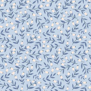 Winter seamless pattern with rose hips, branches and leaves. Vector background in simple hand drawn cartoon style. Repeating background for textile and wrapping paper design