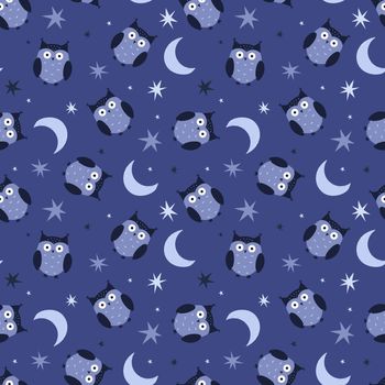 Seamless pattern with owls, stars and the moon. Cute seamless background for baby textiles, fabrics. Vector illustration on a blue background.