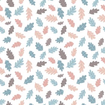 Autumn seamless pattern with stylized oak leaves. Cute design for fabric, textile and autumn decor. Flat style Pastel palette. Vector illustration isolated on white background.