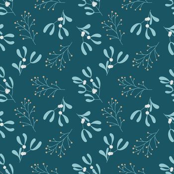 Christmas seamless pattern with mistletoe against dark green background. Simple cartoon style. Vector background for winter holidays, print on fabric, wrapping paper, textile.