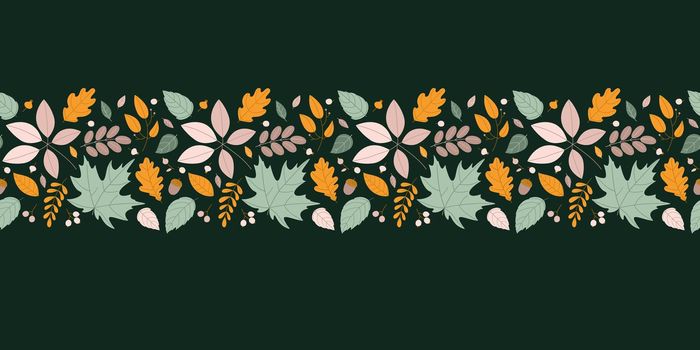 Seamless border with a variety of autumn leaves and berries. Flat style, dark green background. Vector design for decoration of autumn holidays, printing on fabric, etc.