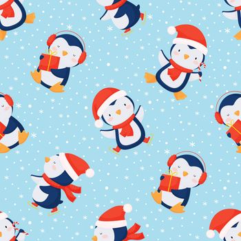 seamless christmas background with cute penguins. Vector illustration