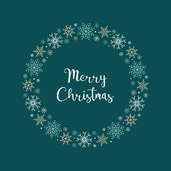 Merry Christmas. Christmas card with a round frame of a variety of snowflakes, and an inscription on a green background. Background for banner, print, poster, postcard. Vector illustration.