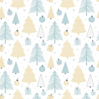 Christmas seamless pattern with varied trees, Christmas balls and gifts. Pastel palette. Scandinavian style seamless vector background for wrapping paper, fabric, etc ...