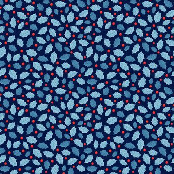 Seamless Christmas pattern with holly leaves and berries. Simple cartoon style. Seamless background for winter holidays decoration, wrapping paper, fabric. Vector illustration on a blue background.