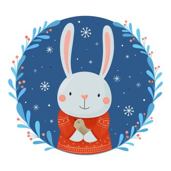Holiday card template for New Year and Christmas holidays with cute bunny and bird. Bright vector illustration in children s cartoon style for holiday prints, cards, posters.