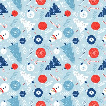 Christmas seamless pattern with fir trees, candies, Christmas decorations and snowmen on a light blue background. Scandinavian style. Seamless background for winter holidays decoration, printing on fabric, wrapping paper.