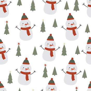 Seamless vector pattern with funny snowmen and Christmas trees. Winter seamless background in flat cartoon style. Design for fabric, wrapping paper, postcards.