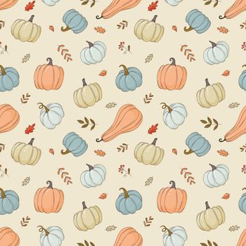 Seamless pattern with varied pumpkins and autumn leaves. Seamless background for autumn holidays, fabric, wrapping paper. Vector illustration in cartoon style