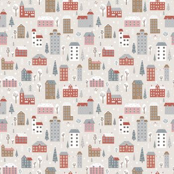 Winter seamless pattern with cute houses, fir trees and snowmen. Seamless vector background for winter and christmas holidays