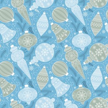 Seamless pattern with Christmas or New Year decor. Ideal for backgrounds, wrapping paper, fabrics. Vector illustration on a light blue background.