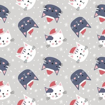 Christmas seamless pattern with cute kittens in Santa Claus hat. Childrens vector background. Ideal for baby textiles and wrapping paper.