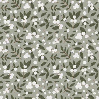 Seamless pattern with winter white berries on an olive background. Vector illustration.