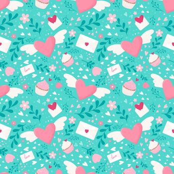 Romantic pattern with winged hearts, flowers, letters and sweets. Seamless vector background for Valentine s Day.