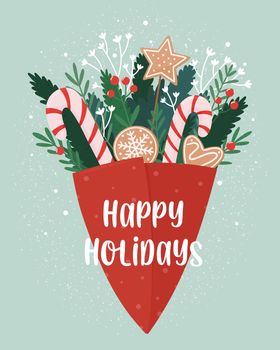 Festive card for Christmas or New Year with a colorful bouquet of twigs, gingerbread and candy cane. Vector illustration in flat cartoon style.