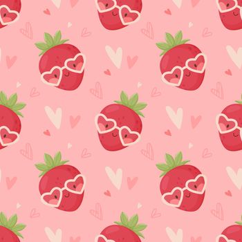Valentine s Day seamless background. Cute cartoon strawberry wearing heart glasses. Vector illustration. Pink background. Great for weaving design, wrapping paper and holiday decoration
