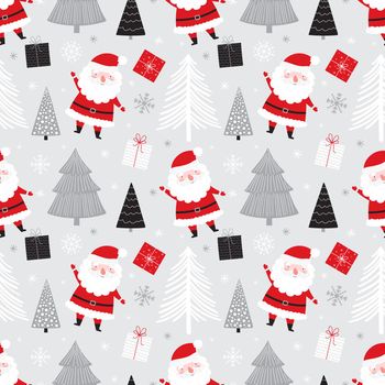 Christmas seamless pattern with cute Santa gifts and Christmas trees. Vector illustration.